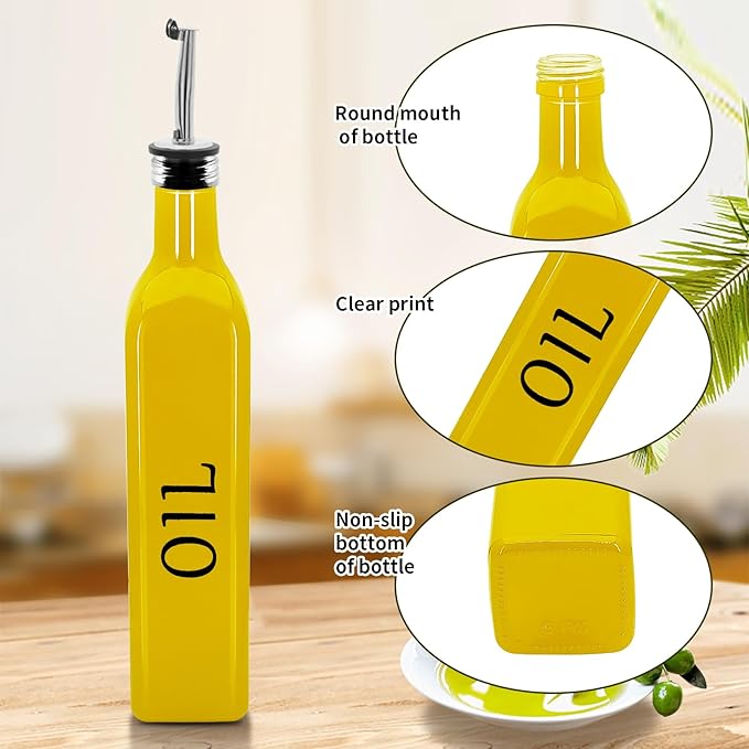1 Pc 17oz Olive Dispenser Bottle,500ml Glass Oil and Vinegar Dispenser Set with 1 Stainless Steel Pourers,Funnel Bottles for Kitchen (Yellow Oil)
