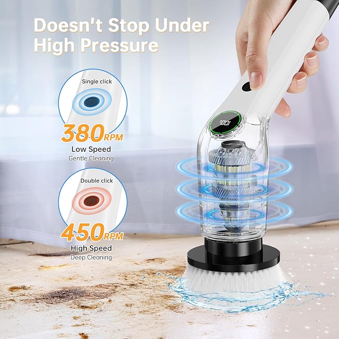 PUFTEM Electric Spin Scrubber, Cordless Shower Scrubber with 8 Scrub Brush, 2 Speed with Adjustable Extension Handle, Battery Level Display, Power Scrubber for Bathroom Bathtub Tile Floor (Black)