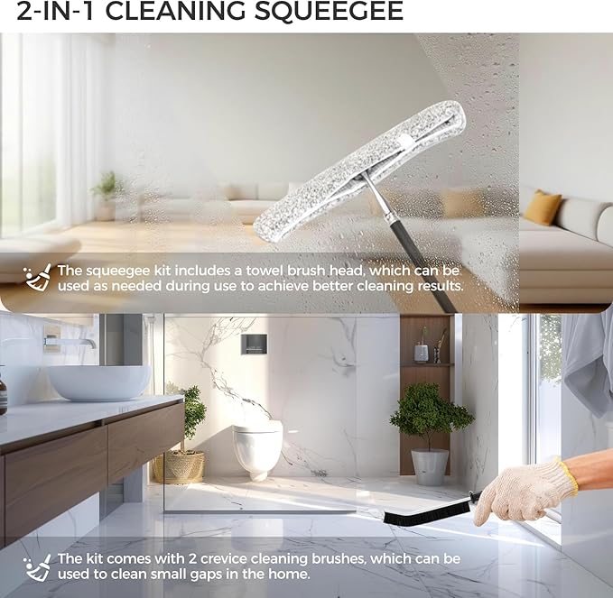 16.7“- 59.5" Long Handle Window Squeegee with Extension Pole, 12.4" Wide Metal Shower Squeegee for Glass Doors