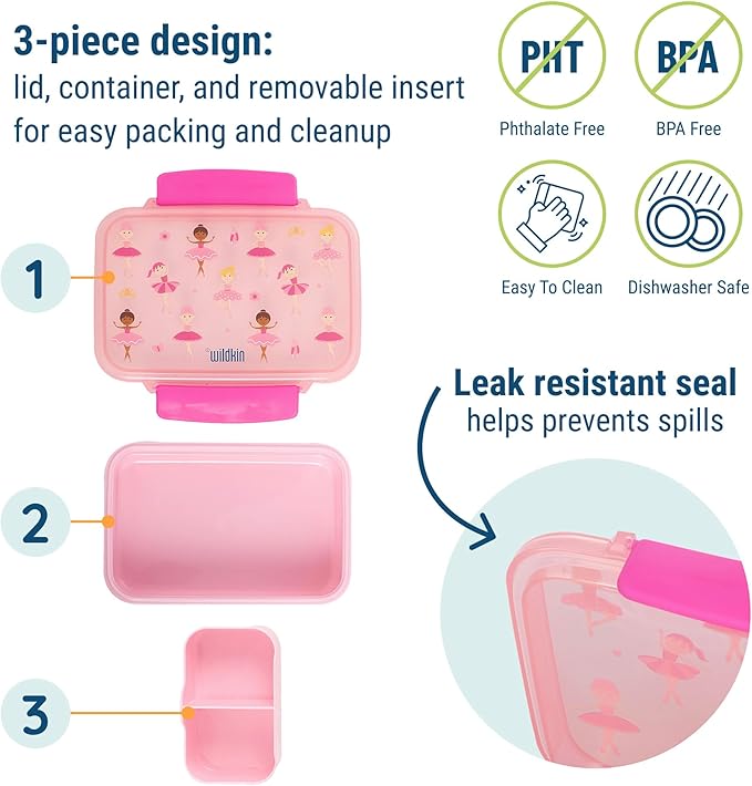Wildkin Reusable Food Container for Kids – Airtight, Leak Resistant, Dishwasher Safe - Ballerina