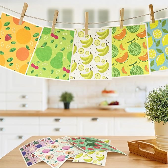 6 - Pack Swedish Kitchen Dish Cloths - Reusable Paper Towels for Counters & Dishes - Eco Friendly Cellulose Sponge Cloth (Fruits)
