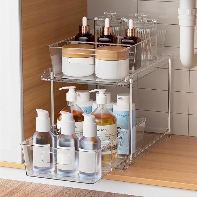 Pull-Out Home Organizers, 2 Tier Clear Bathroom Organizer with Dividers