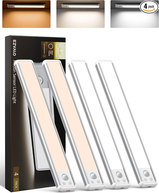 EZVALO 4-Pack Under Cabinet Lighting, 12-inch Motion Sensor Light, 2400mAh Rechargeable, 3 Color Temperatures, Dimmable, Magnetic Wireless Lighting for Kitchen, Closet, Pantry, Stairs