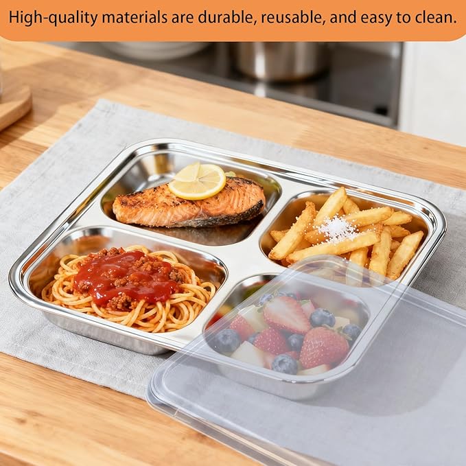 6Pcs Stainless Steel Snack Containers with Lids 4 Compartment Bento Box Stainless Steel Lunch Box for Adults Reusable Meal Prep Lunch Containers for Home Work Travel Party