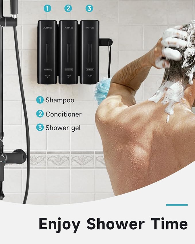 AIKE 3 Chambers Shower Shampoo and Conditioner Dispenser 3 x 11.8 fl.oz. for Bathroom(Black)