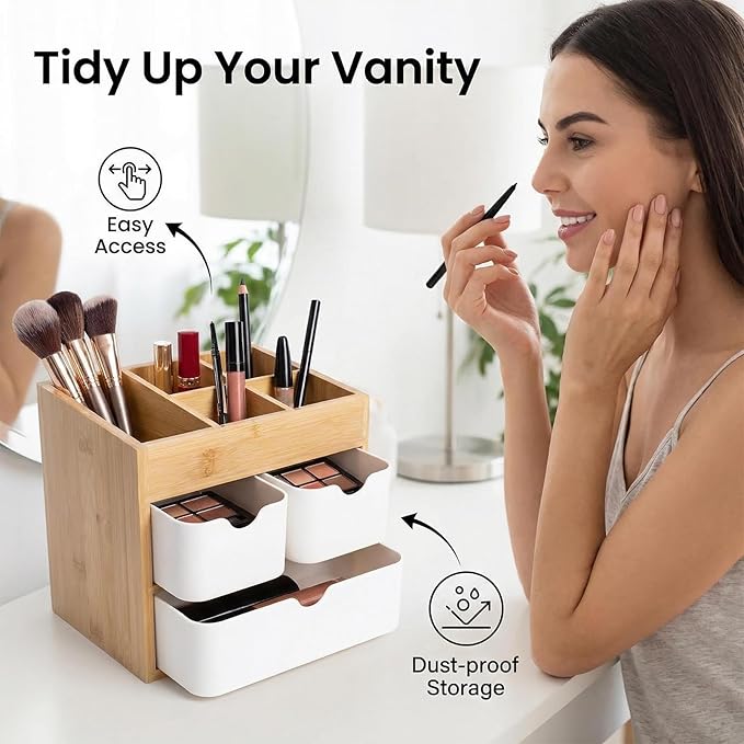 Bamboo Makeup Organizer with 3 Drawers, Dresser Cosmetic Organizer Box
