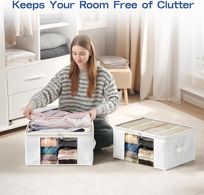 Clothes Storage Bags, Foldable Thick Fabric Blanket Storage Bags, White, 6PACK