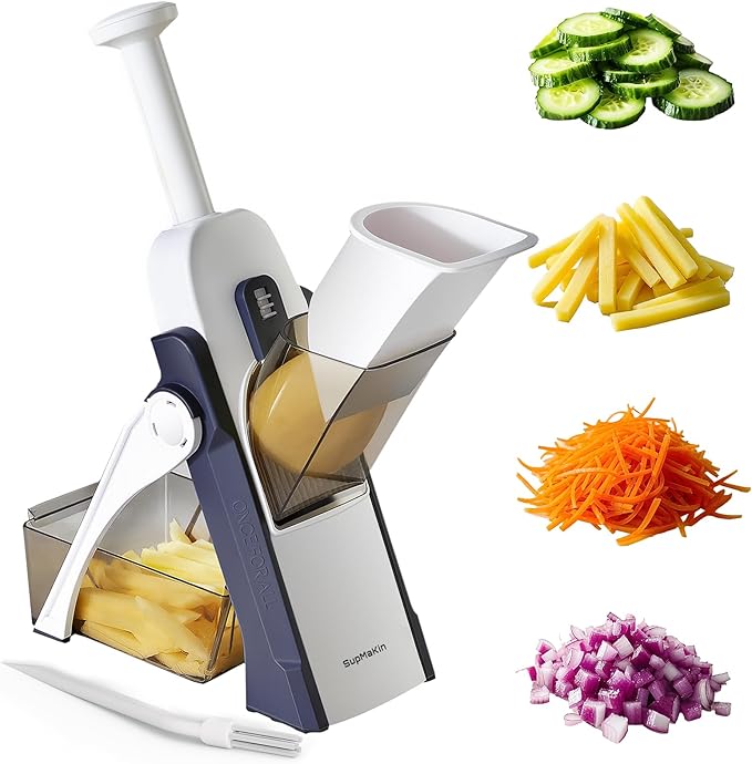 SupMaKin Safe Mandoline Slicer for Kitchen, Potato Slicer, All in 1 Vegetables Slicer and Chopper, French Fry Cutter, Adjustable Thickness, Dishwasher Safe Chopping Artifact Gift (Blue)