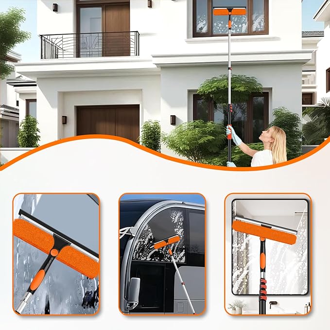 26FT Telescoping Window Cleaning Kit with 14" Squeegee - 2-in-1 Professional Window Scrubber & Extension Pole