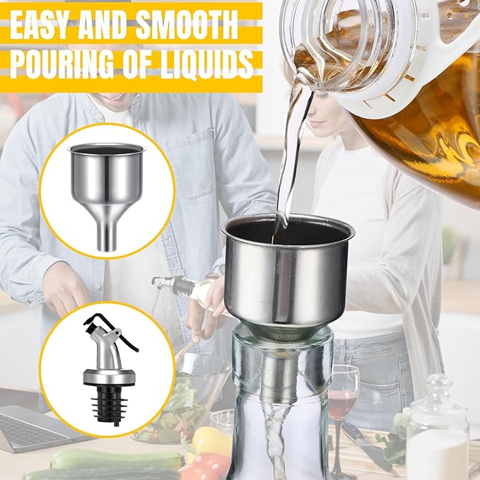 Hushee 12 Pcs Clear Glass Olive Oil Dispenser Bottles Sets Include 8oz Glass Bottle with Spout Oil Vinegar Cruet Container for Kitchen Stainless Steel Funnel Black Labels with White Pen(Silver)