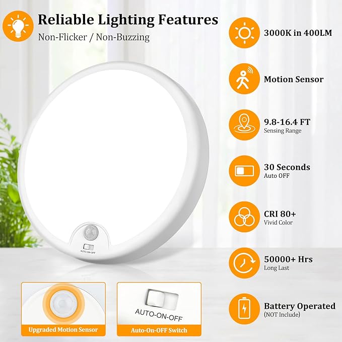 2-Pack Battery Operated Motion Sensor LED Ceiling Lights Indoor, Wireless Flush Mount Light Fixture 3000K in 400LM, Battery Powered Ceiling Lamps for Closet Pantry Laundry Stair(Battery Not Included)