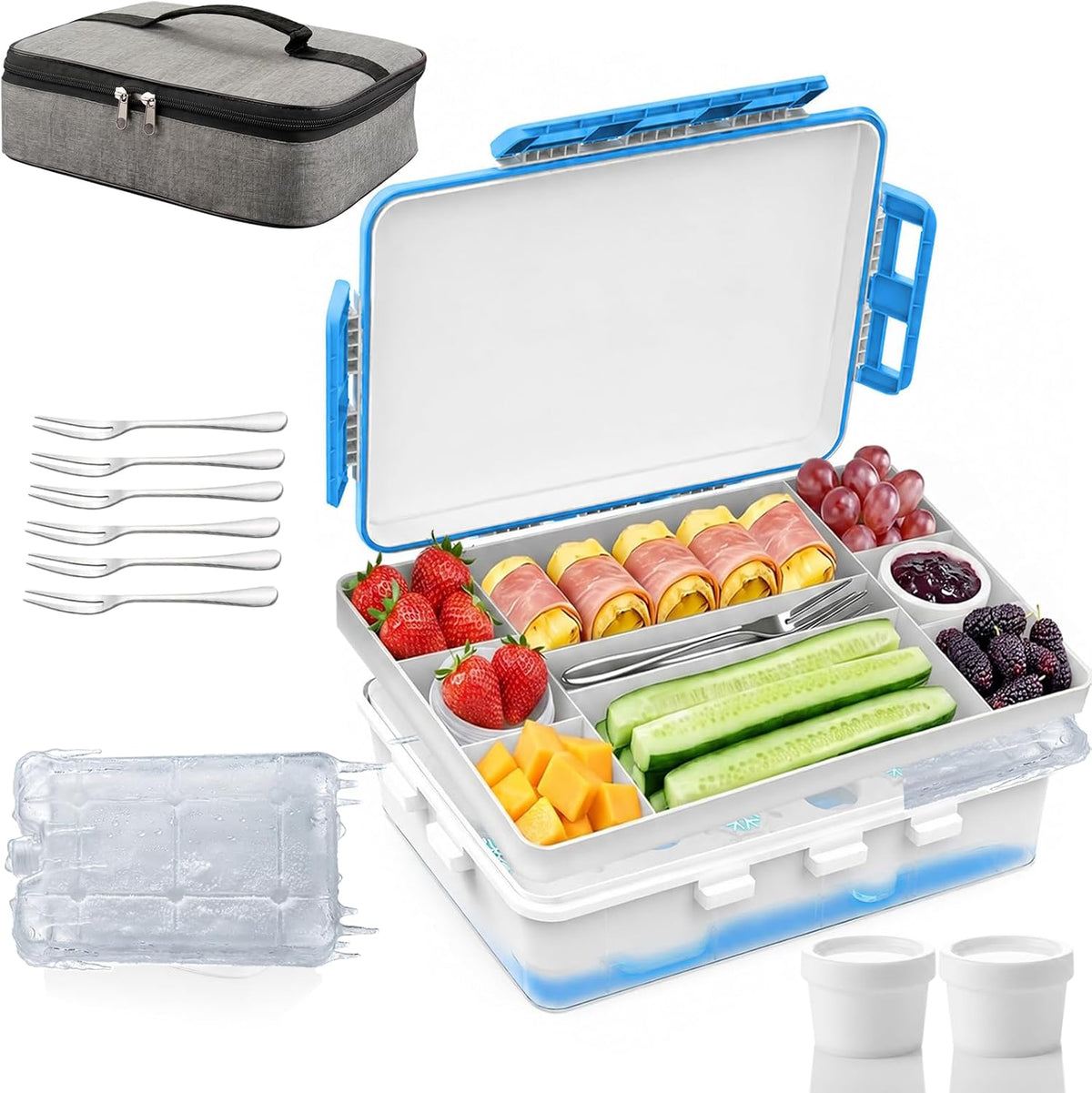 Snackle Box Container With Ice Pack-Stainless Steel Snack Containers-Chilled Snackle Box With Ice Pack-Portable Snack Tray With Lid Picnic Travel for Beach Road Trip Essentials Insulated Bag