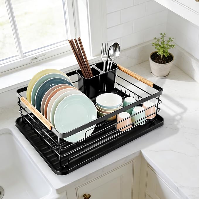 Dish Racks for Kitchen Counter, Thickened Metal Dish Drying Rack with Wooden Handles, Kitchen Countertop Organizer for Dishes, Spoons and Forks, No Assembly, Black, 16.7''*12.6''*5.12''