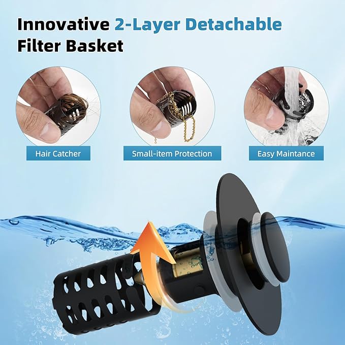 Upgraded Bathroom Sink Drain Strainer Hair Catcher 2PCS Universal 3 in 1 Pop-up Sink Stopper, Fit for 1.1''~2.36'' Basin Hole