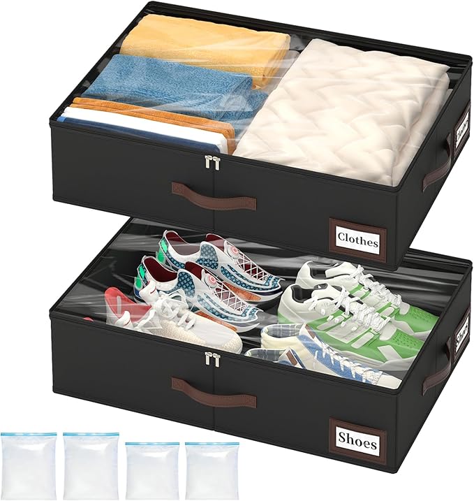 OIAHOMY 2 Pack Under Bed Storage with 4 Compression Bags, Underbed Organizers for Bedroom & Closet, Fits Beds Higher than 5.9"