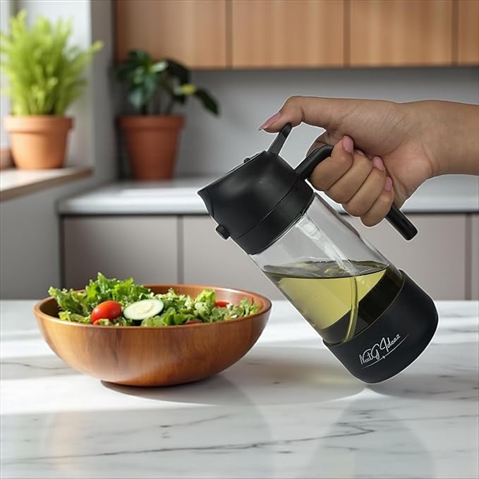 Oil Dispenser, 2 In 1 Cooking Oil Sprayer and Pourer, Non-Drip Spout for Kitchen Oil, Air Fryer, Salad, Grill, 16oz/470ml with Silicone-Encased Base (Black Cap, Clear Bottle)