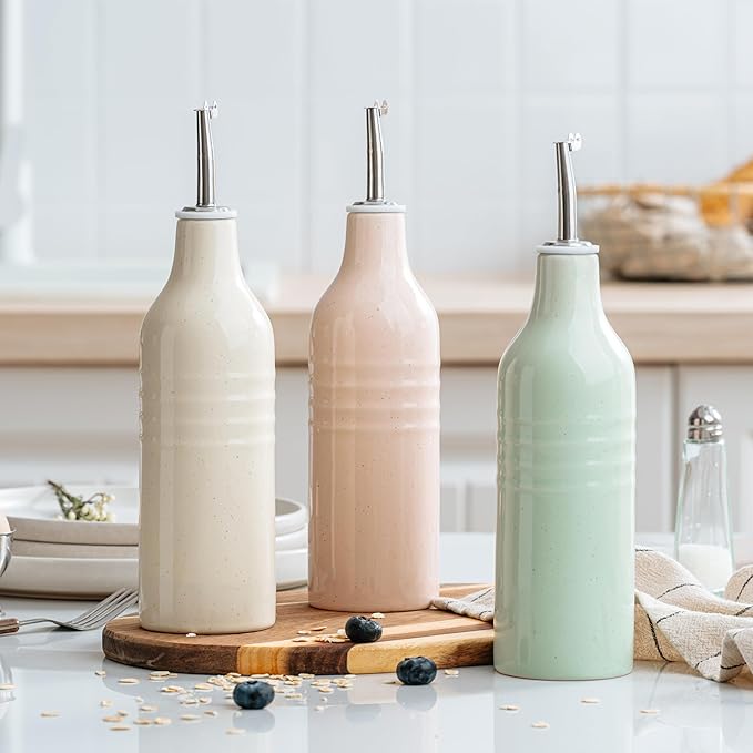 famiware Jupiter 16oz Ceramic Olive Oil Dispenser Bottle, 1 Piece Oil Dispenser for Kitchen with Stainless Steel Pourers, Suitable for Storage Vinegar, Soy Sauce, Coffee Syrup, Light Pink