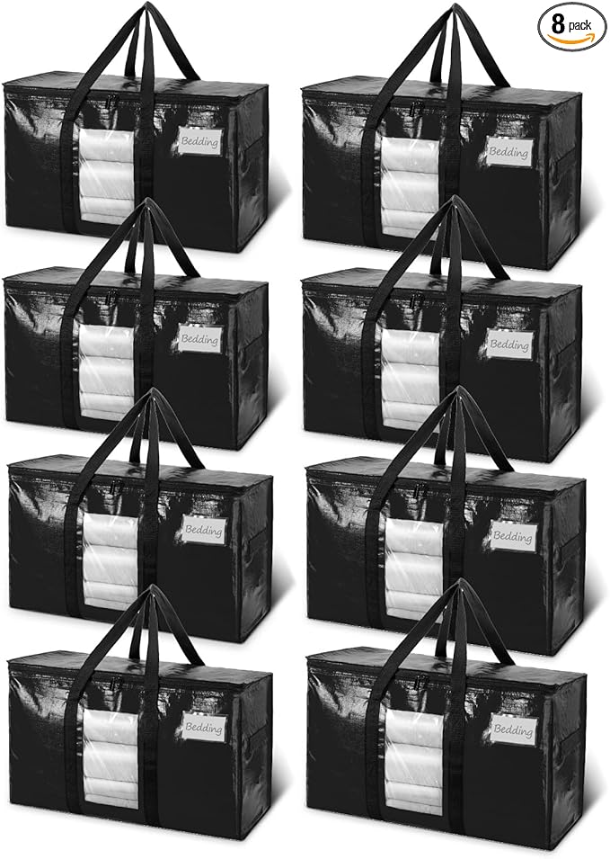 TAILI Extra Large Moving Bags, 8 Pack Black Heavy Duty Totes For Storage with Visible Window, Wrap Around Handles, Storage Bags for Space Saving