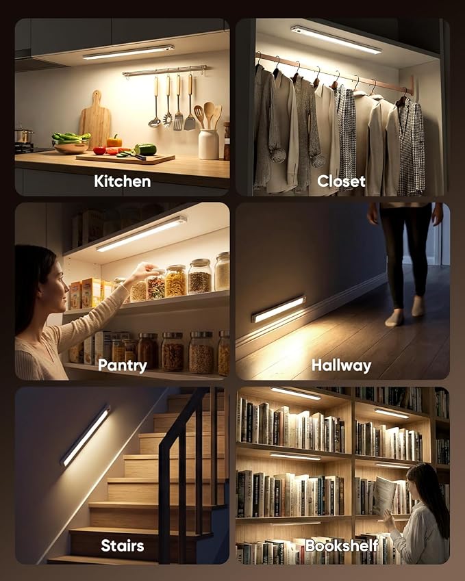 16inch Under Cabinet Lighting Wireless, 216LED Motion Sensor Light Indoor, USB Rechargeable Closet Lights, 3 Color Temps & Dimmable, Stick On Under Counter Lights for Kitchen, Pantry, Stairs, 5 Pack