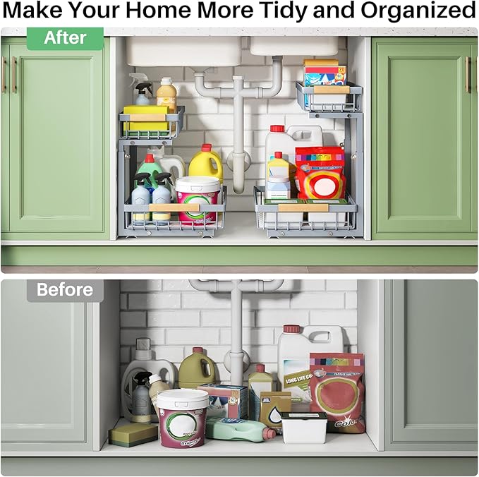 Kitstorack Under Sink Organizer, 2 Tier Under the Sink Storage, Slide out Pull out Cabinet Organizer Shelf