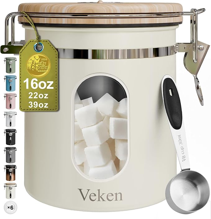 Veken Coffee Sugar Canister with Window, Airtight Stainless Steel Kitchen Food Storage Container with Lids, Date Tracker and Scoop for Grounds Coffee