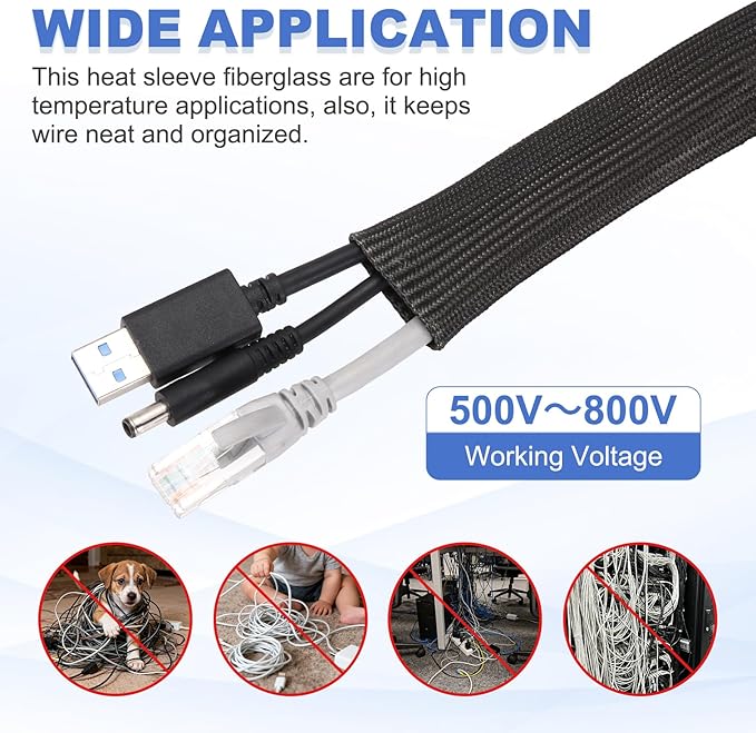 uxcell Insulation Cable Protector,8mm/0.5 Inch-15m/49 Feet High Temp Fiberglass Sleeve Black