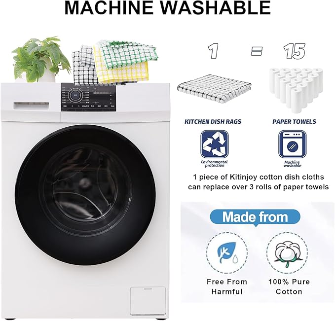 Kitinjoy Cotton 8 Pack Terry Kitchen Dish Cloths, 12 x 12 Inches Super Soft and Absorbent Dish Rags, Quick Drying Dish Towels for Washing Dishes, Black