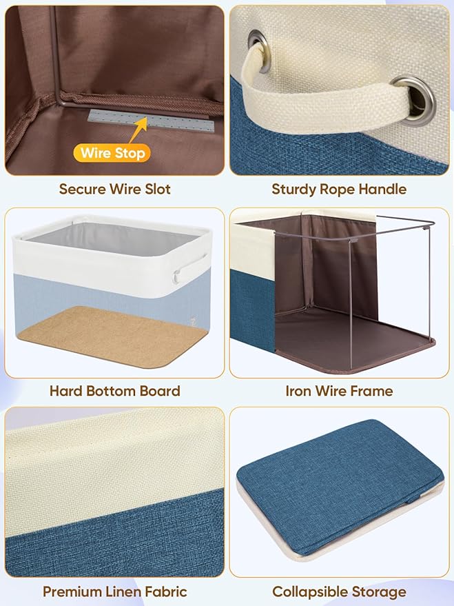 3 Pack Fabric Closet Storage Bins for Shelves, Navy Blue, 12"x8"x8"