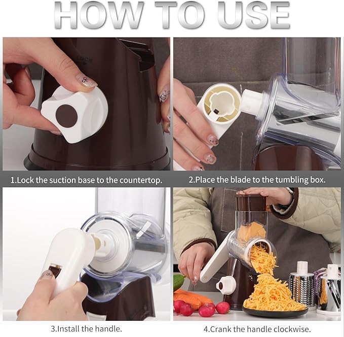 Cambom Rotary Cheese Grater Hand Crank Cheese Shredder for Fresh Cheese, Vegetable, Nuts,Non-slip Suction Base, Free Cleaning Brush Three Blades, Coffe Color
