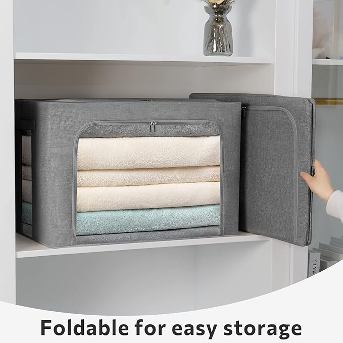 2 Pack Clear Window Storage Bins Stackable Linen Fabric Storage for Clothes