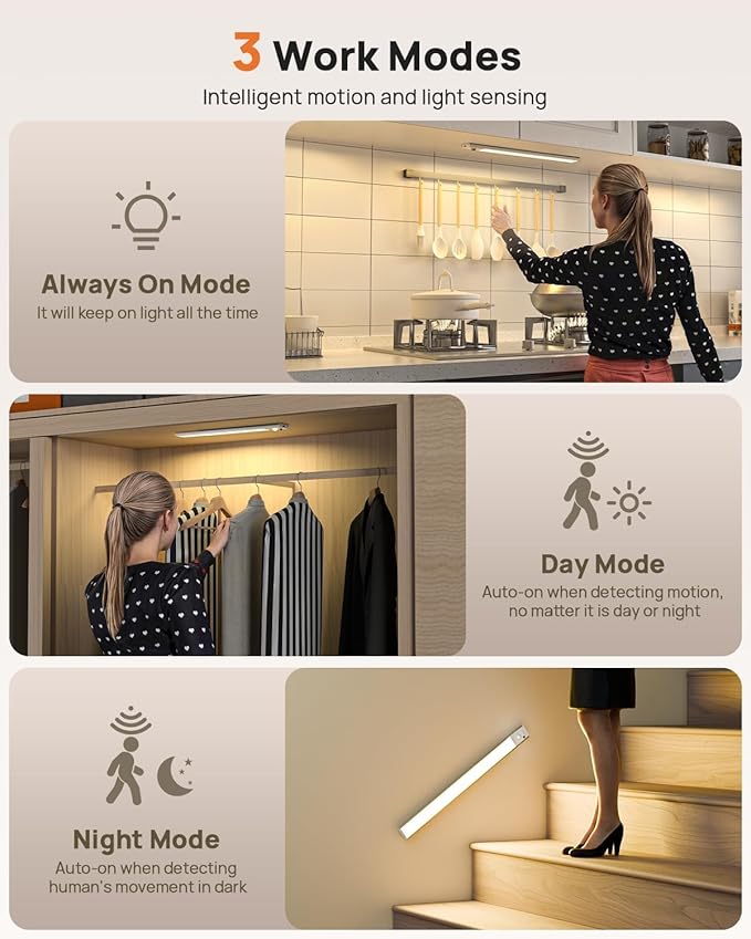 16inch Under Cabinet Lighting Wireless, Rechargeable Motion Sensor Light Indoor, Closet Lights with Remote, 3 Color Temps & Dimmable, Magnetic Under Counter Lights for Kitchen, Stairs, Pantry, 3 Pack