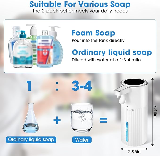 Automatic Soap Dispenser 2-Pack - 13.5 oz/400ml Leak-Proof Wall Mount Hand Soap Dispenser with Ribbed Design, White ABS for Bathroom & Kitchen Sink, Household or Commercial Use