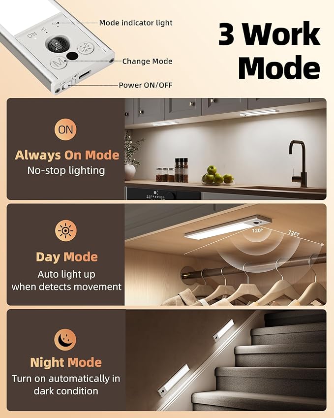 EZVALO 14.5inch Under Cabinet Lighting, LED Motion Sensor Light Indoor, 3500mAh USB Rechargeable Closet Lights, Dimmable & Magnetic Wireless Under Counter Lights for Kitchen, Pantry, Stairs (2 Pack)