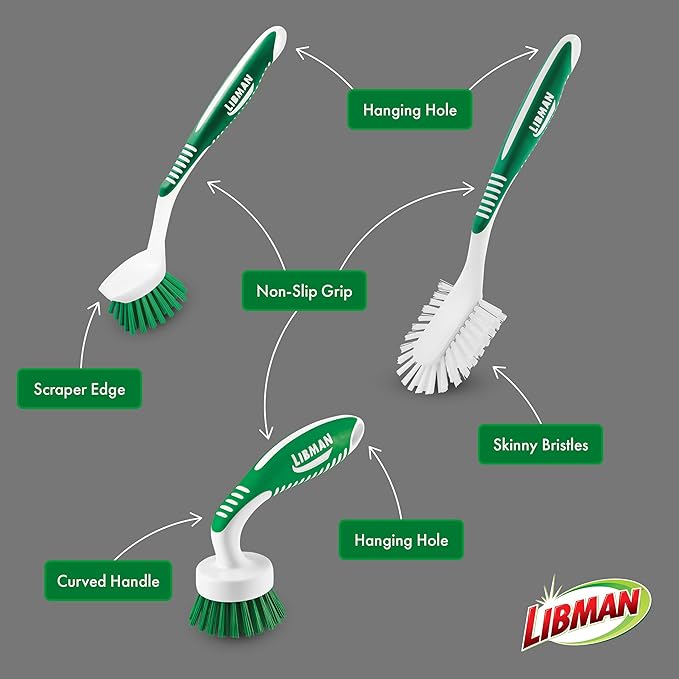 Libman Green & White Cleaning Brush Kit, 3-Piece Set, All-Purpose Brushes for Kitchen, Basins, Sinks, Dishwashers