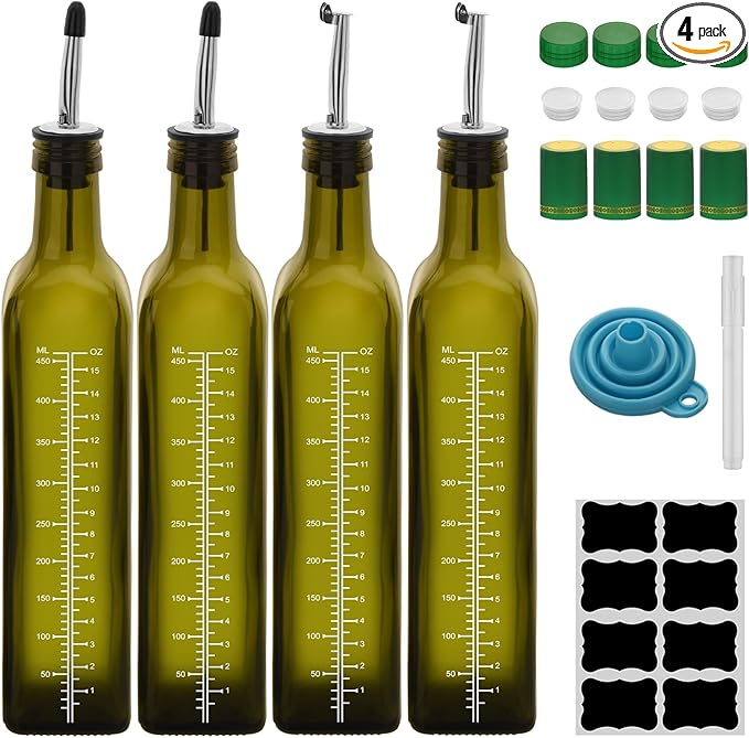 17oz 4 Pcs Scale Olive Oil Dispenser Bottle,500ml Glass Oil and Vinegar Dispenser Set with 4 Stainless Steel Pourers, 8 Labels,Funnel Oil Bottles for Kitchen (Green)
