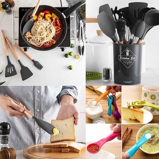 17PCS Silicone Utensils Set with Wooden Handle Heat Resistant Cookware Utensils Kit Easy To Clean Kitchenware Kitchen Tools for Non-Stick Cookware - Gray