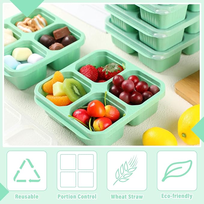 Ziliny 12 Pcs 4 Divided Compartments Snack Containers Bento Wheat Straw Snack Box with Lid Reusable Meal Prep Lunch Box Food Storage Containers for Adults Christmas Travel Work Gifts(Green)