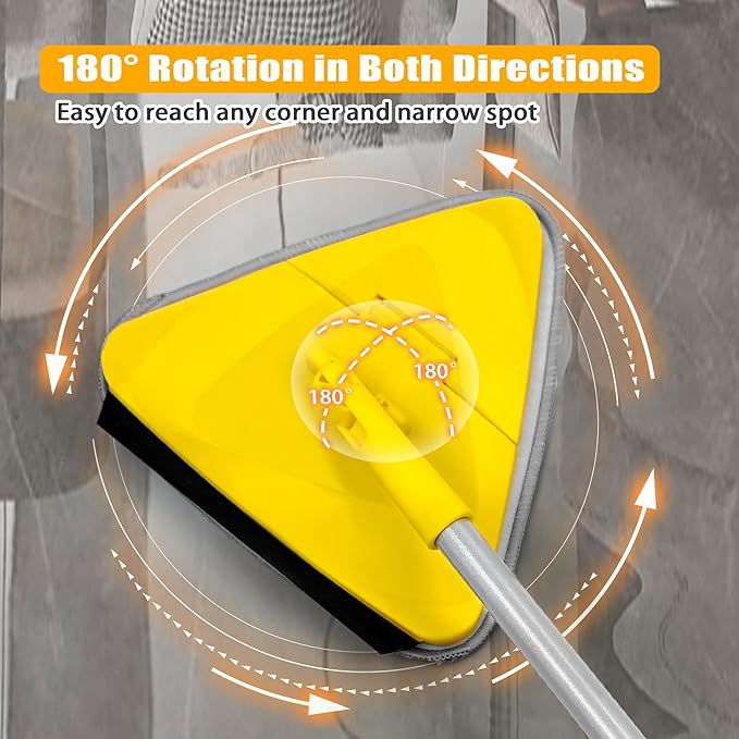 JEHONN Wall Mop with Long Handle 80 Inches, Upgraded 180° Collapsible Baseboard Cleaner Tool with Squeegee, Ceiling Duster with 3 Microfiber and 3 Chenille Pads for Cleaning Window, Cabinet (Yellow)