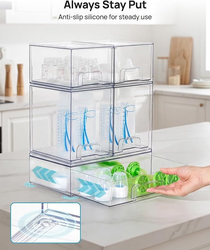 Stackable Storage Drawers Set of 5, Clear Plastic Organizer Bins for Baby Bottle