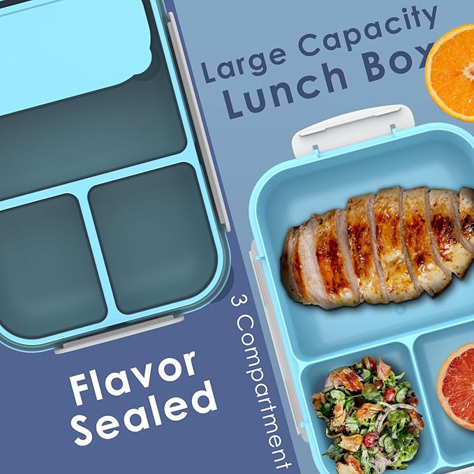 WHALEHOUSE Large Capacity Bento Box for Adult, 1700ML 3 Compartments Lunch Box with Utensil, Airtight Food Container with Lids for Meal Prep, Microwave/Dishwasher/Freezer Safe, On the Go (Blue)