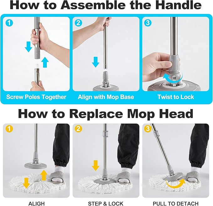 JOYMOOP Spin Mop and Bucket Set, 360° Mop Head & Telescopic Handle, 3 Reusable Microfiber Pads, Wet and Dry Use, Hands-Free Cleaning for Hardwood, Tile, Laminate Floors & Walls