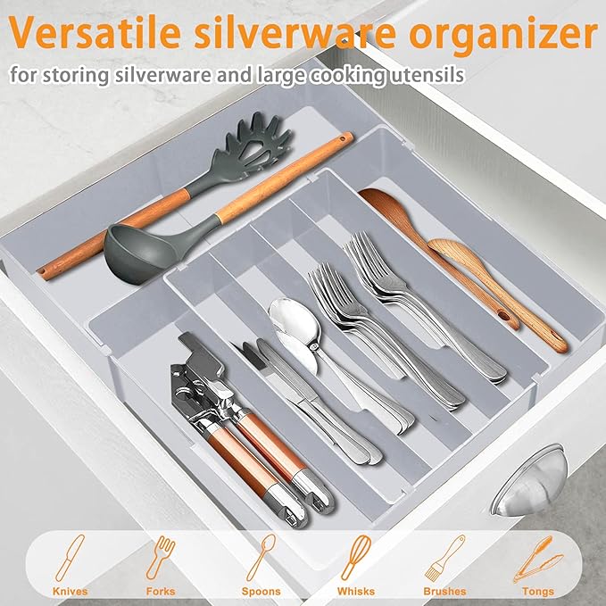 Homecor Silverware Drawer Organizer for Kitchen - Adjustable Utensil Holder Drawer Organizer, BPA Free Flatware and Cutlery Tray, Expandable Plastic Storage for Spoons Forks Knives, Grey