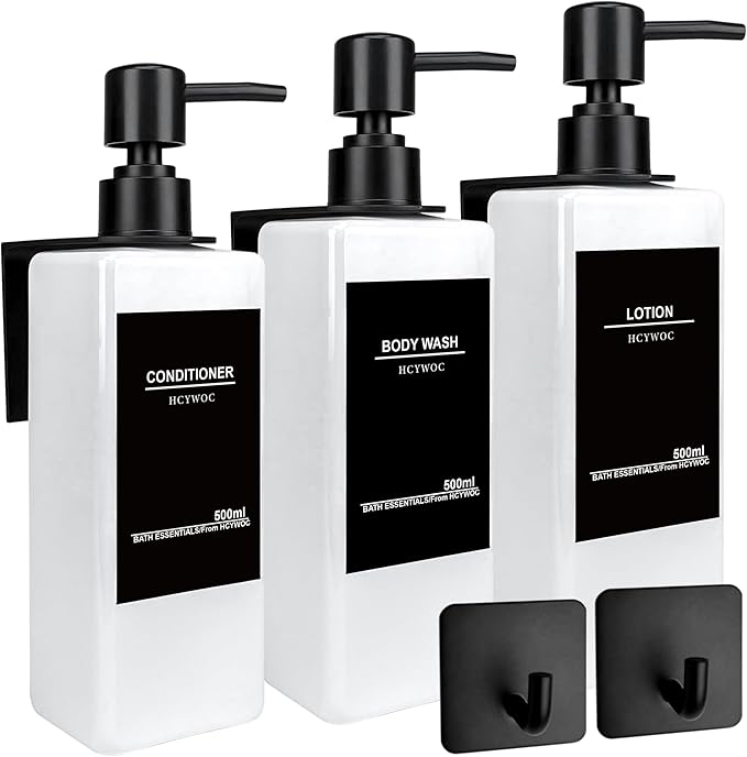 Shampoo Dispenser for Shower Wall, Shampoo and Conditioner Dispenser with 16 Waterproof Labels, No Drill Shower Soap Dispenser Bathroom, Shower Soap Dispenser Wall Mounted 3 Chamber, 17oz,White