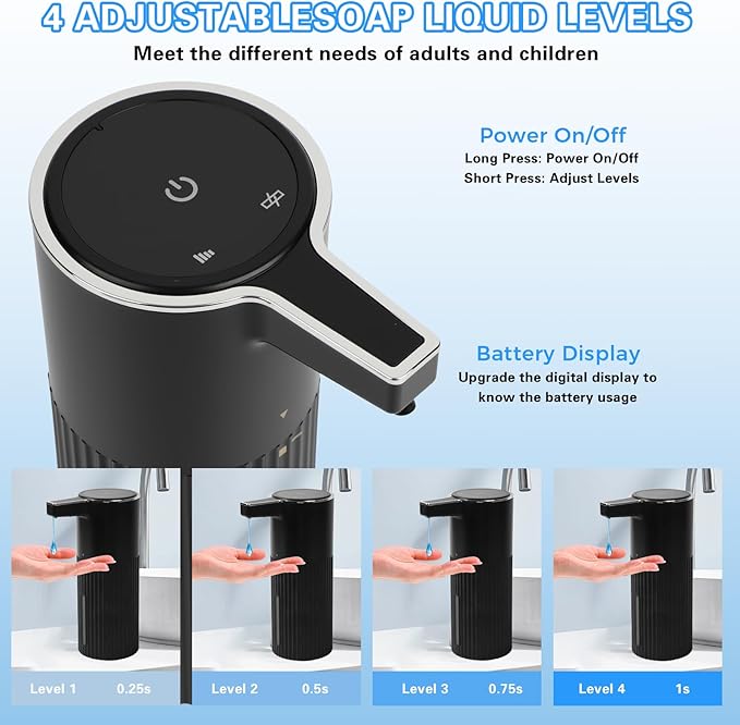 Automatic Liquid Soap Dispenser, 13.52oz/400ml Rechargeable Touchless Smart Lotion Soap Dispenser, Hand Dish Soap Dispensers for Bathroom & Kitchen - Wall Mounted, 4 Adjustable Level, IPX5 Waterproof