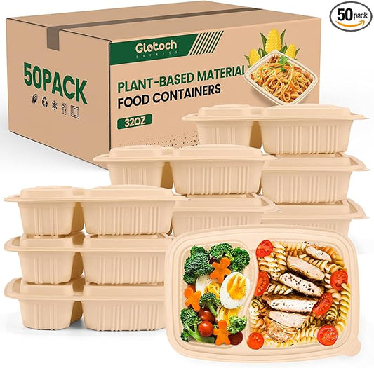 100 Piece (50 Pack) Meal Prep Containers Reusable - 2 Compartment 32 oz Cornstarch Snack Containers with Lids - Plastic Food Storage Salad Containers - To Go Lunch Box - Microwave & Freezer Safe