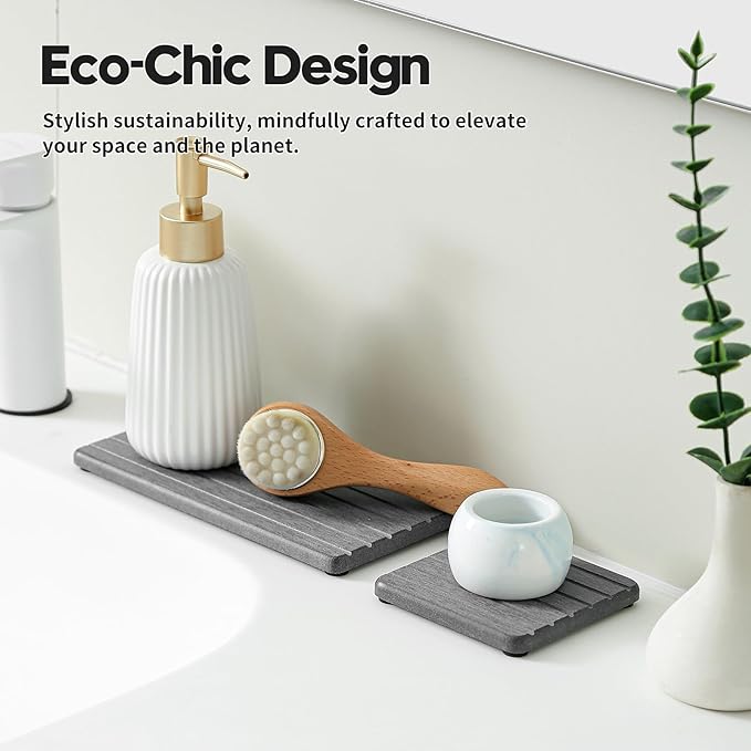 3 Pack Diatomite Stone Sink Tray, Water Absorbing Mat for Kitchen & Bathroom Counter, Quick Dry Soap Dish Makeup Vanity Caddy,Sponge Holder Organizer, Dark Gray 1pc of 8"x 3.8" and 2pcs of 3.8"x 3.8"