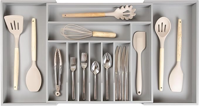 KitchenEdge Premium Silverware, Flatware and Utensil Organizer for Kitchen Drawers, Food-Safe Contract Grade, Expandable from 18 to 33 In, Gray Bamboo