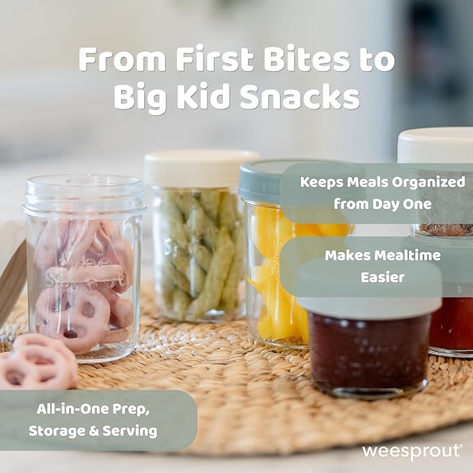 WeeSprout Glass Baby Food Storage Jars w/ Lids (4/8 oz, 12 Pack Set) Snack, Reusable Small Containers, Breast Milk, Fridge, Freezer