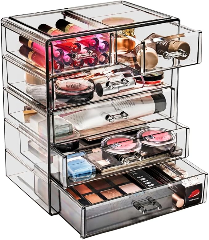 Sorbus Acrylic Makeup Organizer Set, 6-Drawer Vanity & Countertop Cosmetic Storage with Small & Wide Drawers, Black Jewel Makeup Storage for Brushes