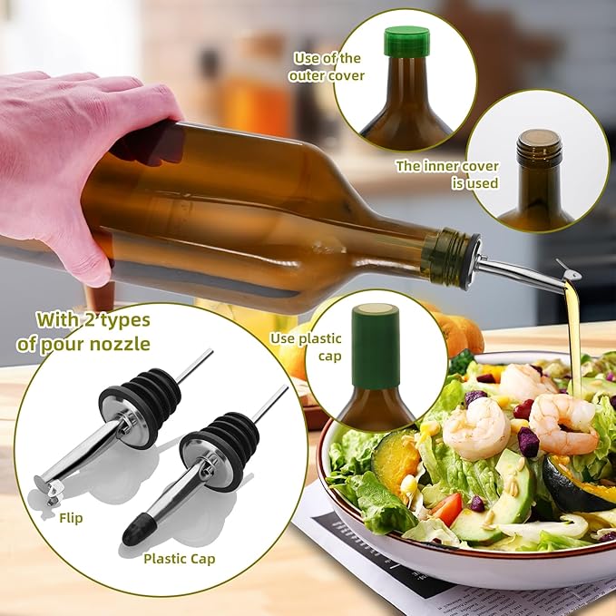 2Pcs 33 oz Olive Oil Dispenser Bottle,1000ml Glass Oil and Vinegar Dispenser Set with Pourers and Funnel ，Oil Bottles for Kitchen Large capacity oil bottles (Brown 2pcs)